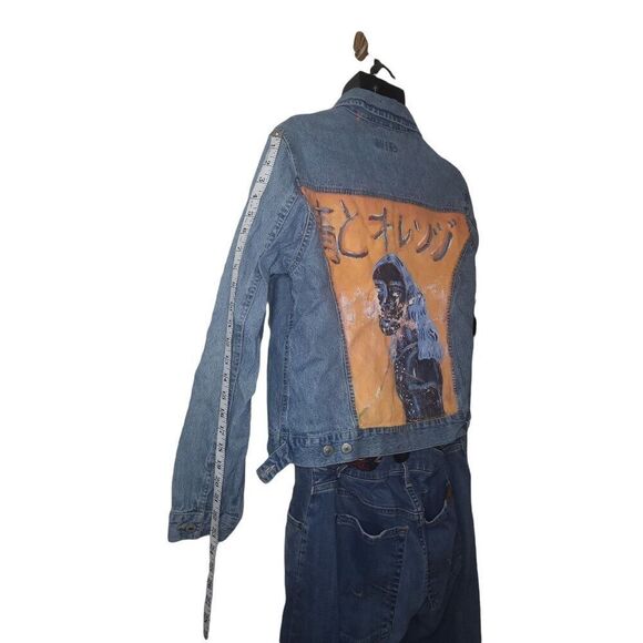 French Cuff Denim Embroidered Jacket Women Sz L Big Graphic Casual Boho - Picture 3 of 6